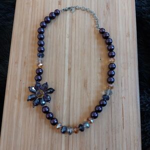JS asymmetrical Art Deco chunky floral necklace with sparkling crystal beads!